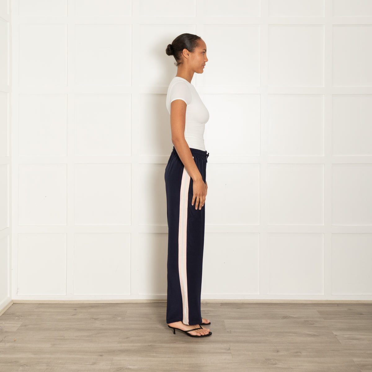 Serena Bute Navy Silk Track Pants with Pink Stripe