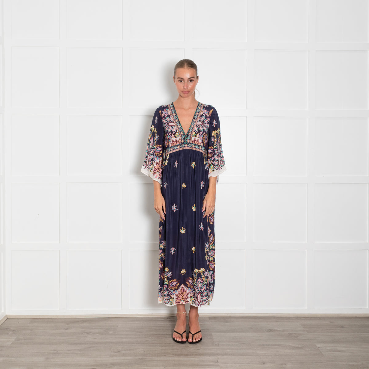Ba&sh Navy Blue Pink Yellow Floral Sleeved Maxi Dress