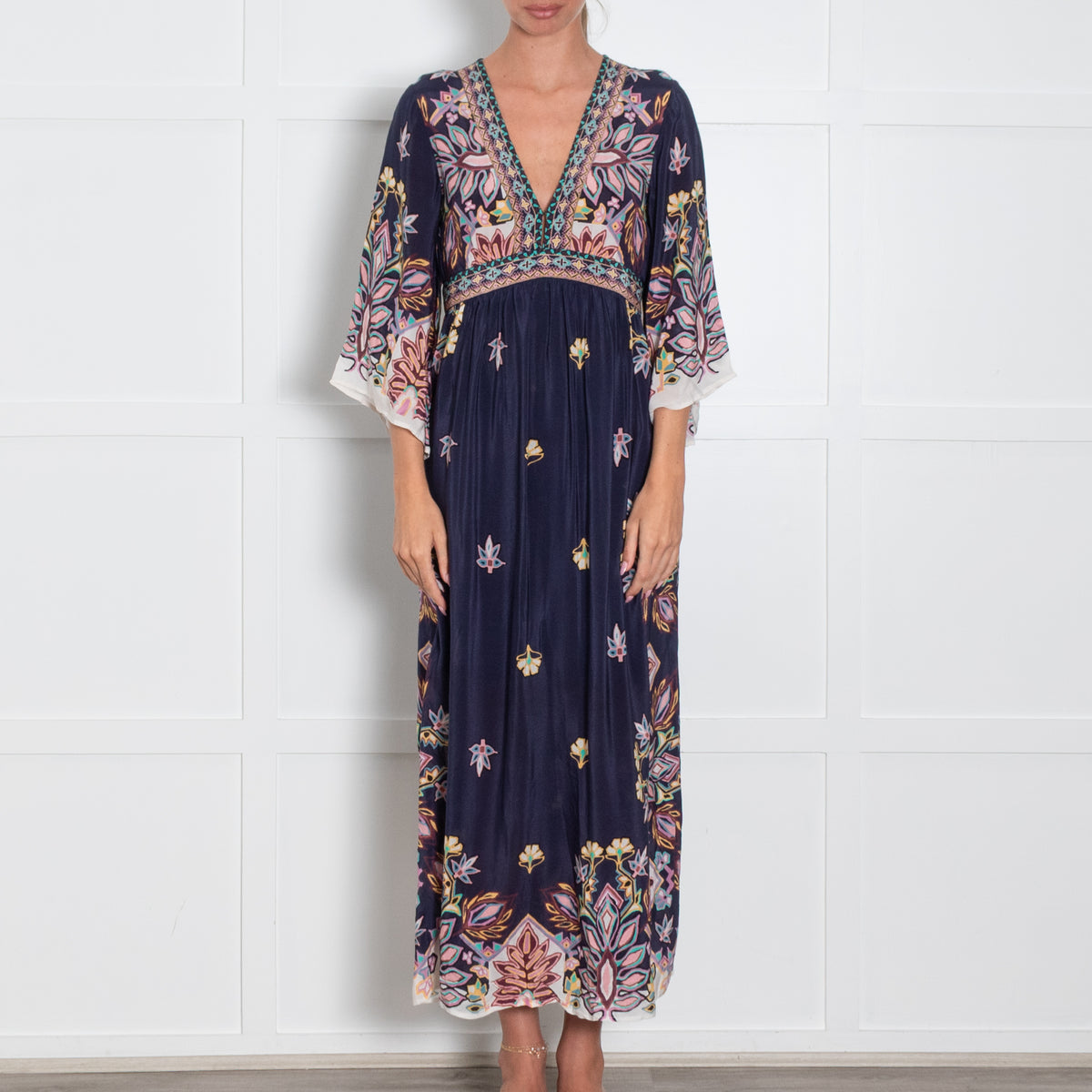 Ba&sh Navy Blue Pink Yellow Floral Sleeved Maxi Dress