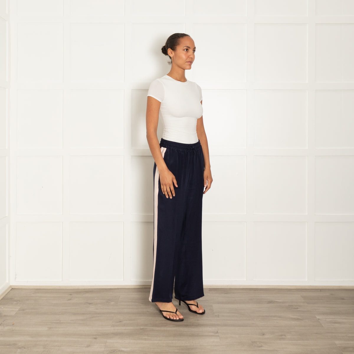 Serena Bute Navy Silk Track Pants with Pink Stripe