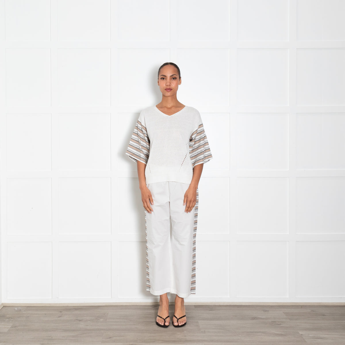 Le Tricot Perugia Cotton Knit Jumper with Striped Sleeves