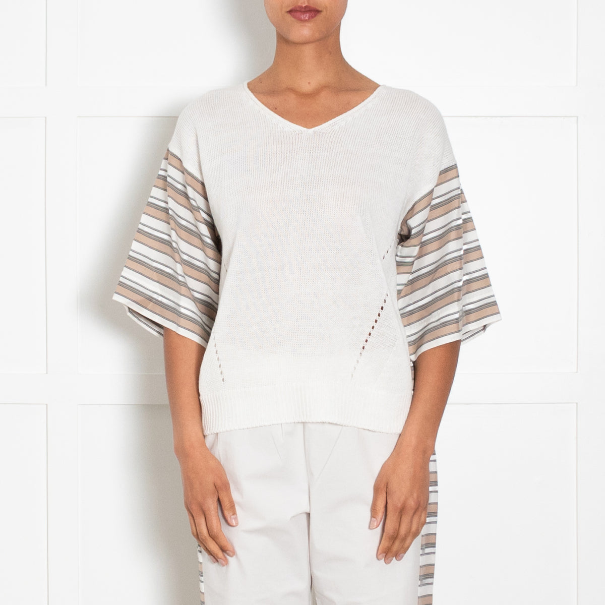Le Tricot Perugia Cotton Knit Jumper with Striped Sleeves