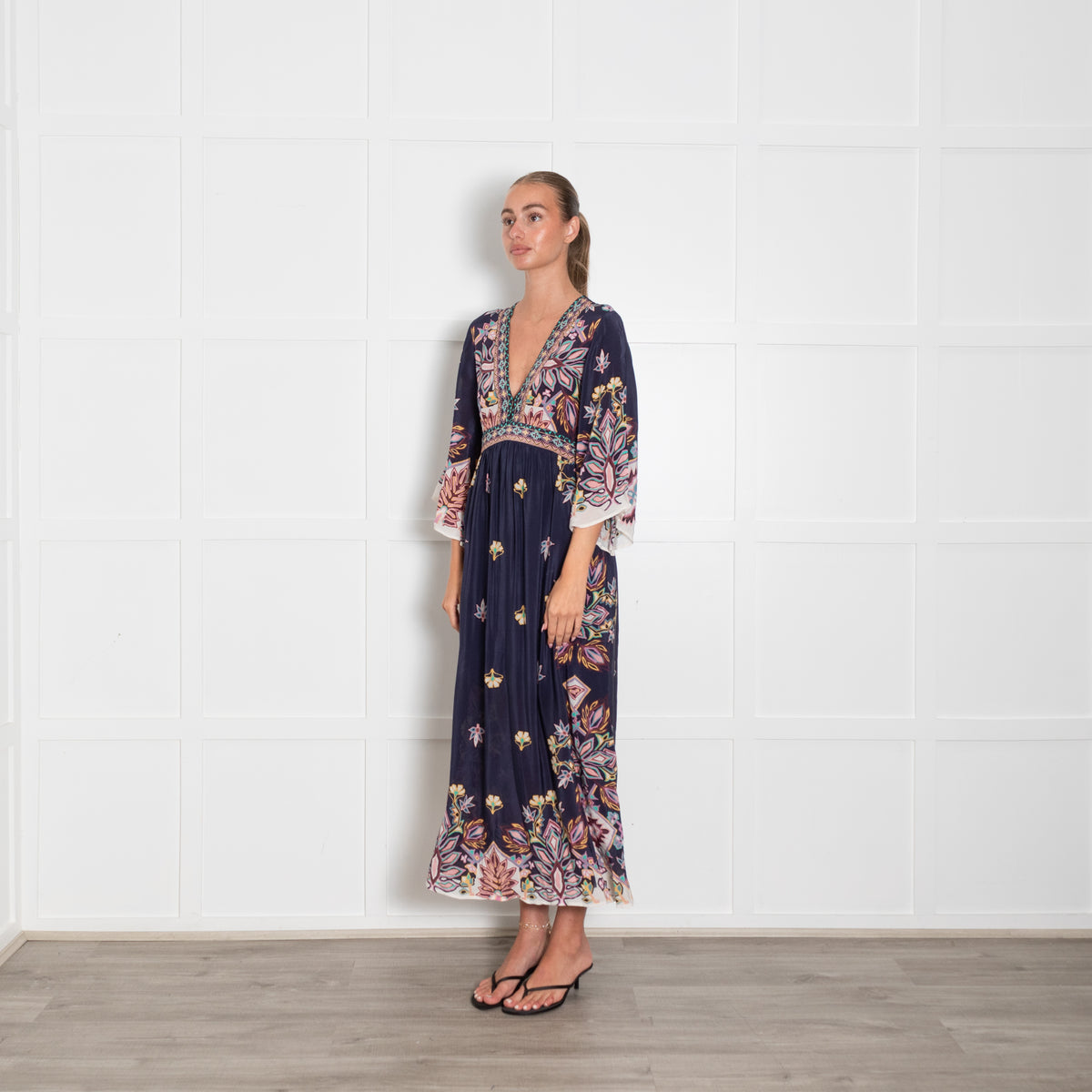 Ba&sh Navy Blue Pink Yellow Floral Sleeved Maxi Dress
