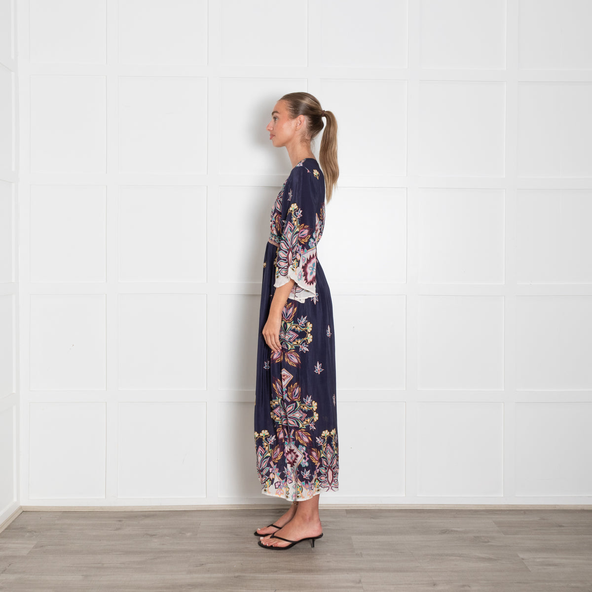 Ba&sh Navy Blue Pink Yellow Floral Sleeved Maxi Dress