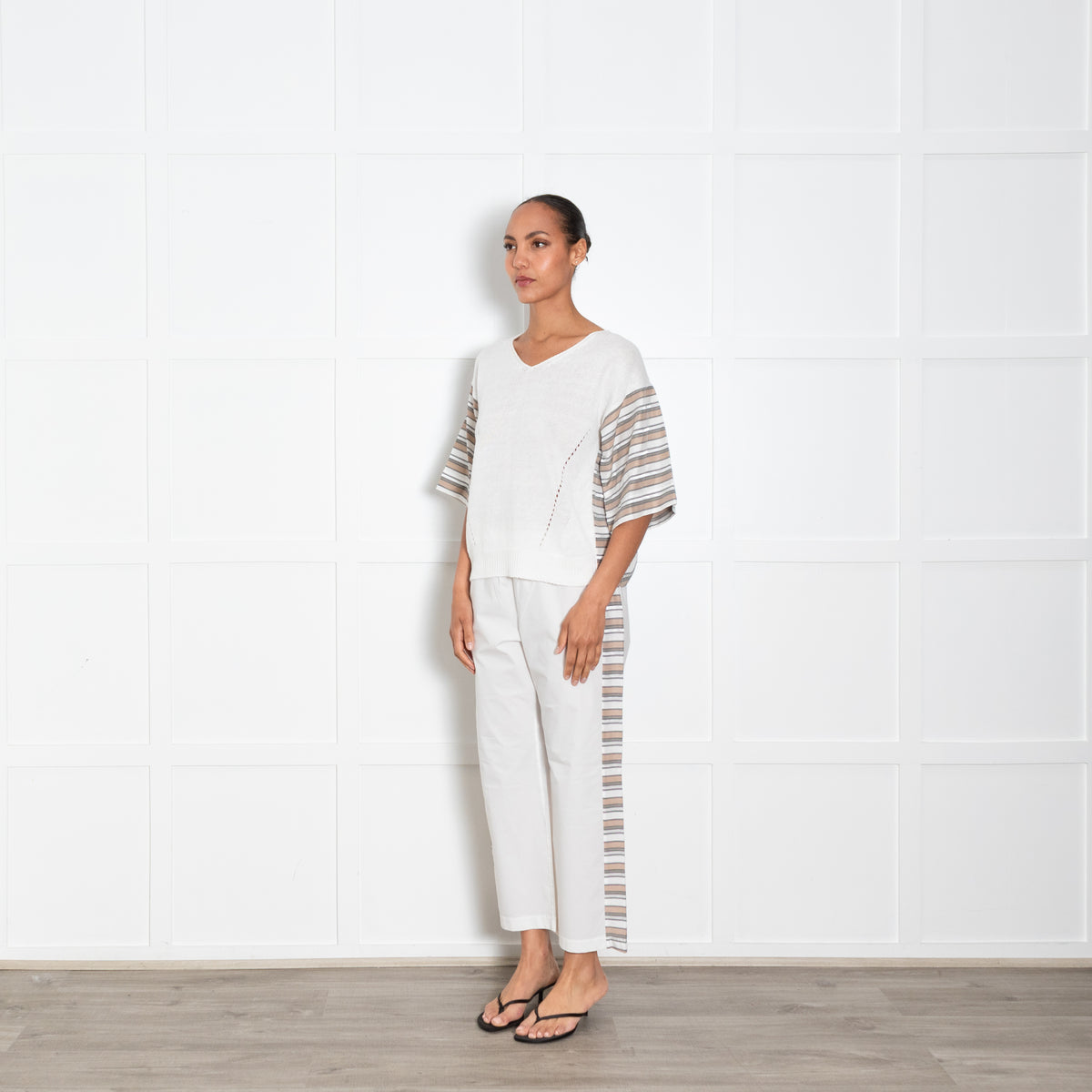 Le Tricot Perugia White Cotton Stripe Side Trousers