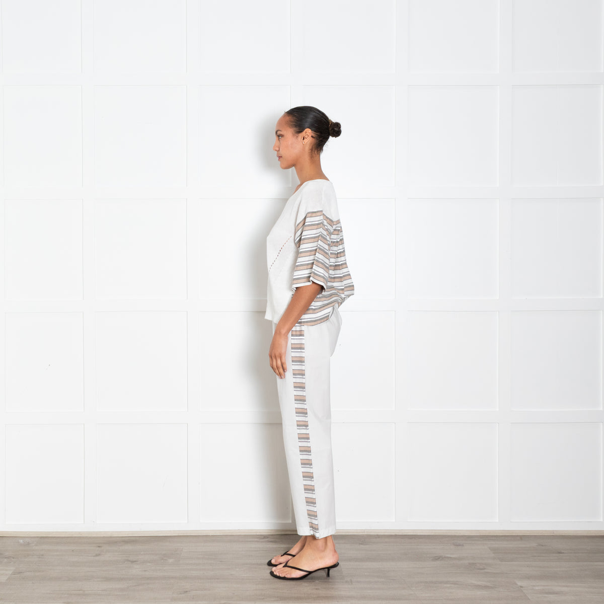Le Tricot Perugia White Cotton Stripe Side Trousers