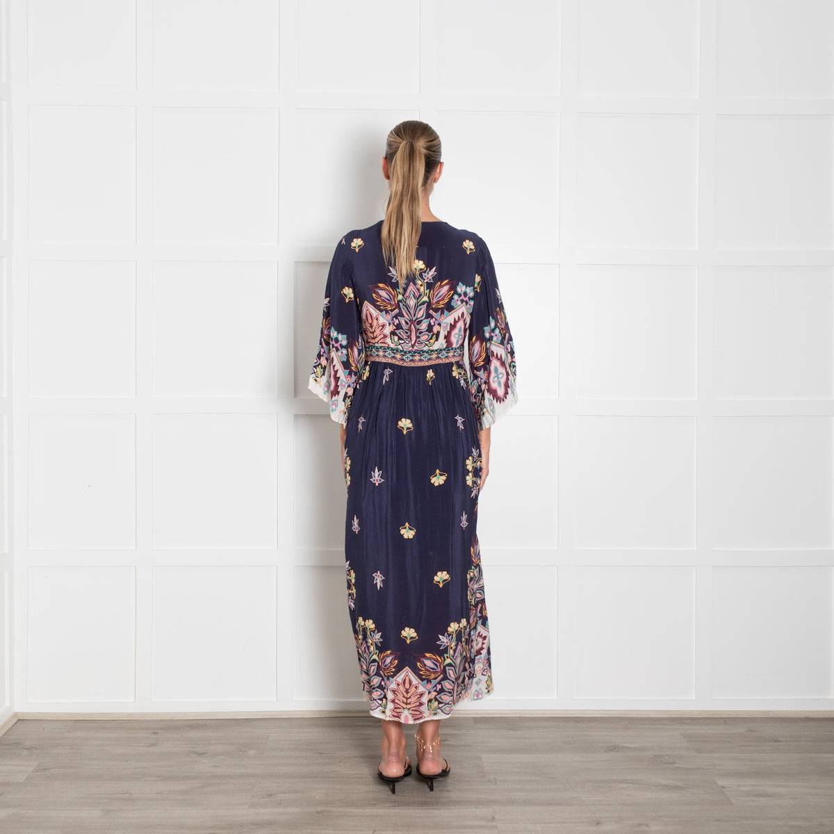 Ba&sh Navy Blue Pink Yellow Floral Sleeved Maxi Dress