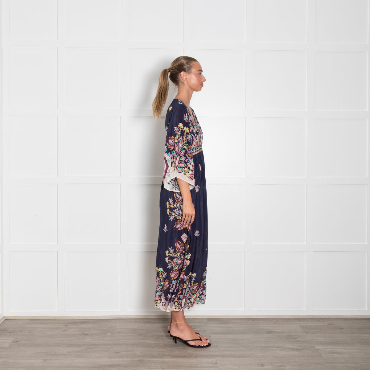 Ba&sh Navy Blue Pink Yellow Floral Sleeved Maxi Dress