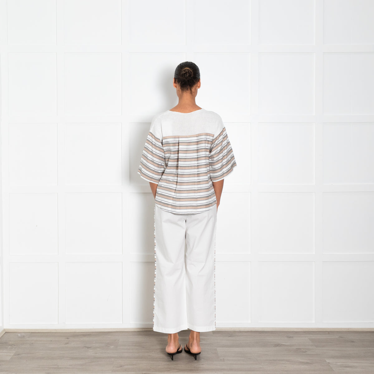 Le Tricot Perugia White Cotton Stripe Side Trousers