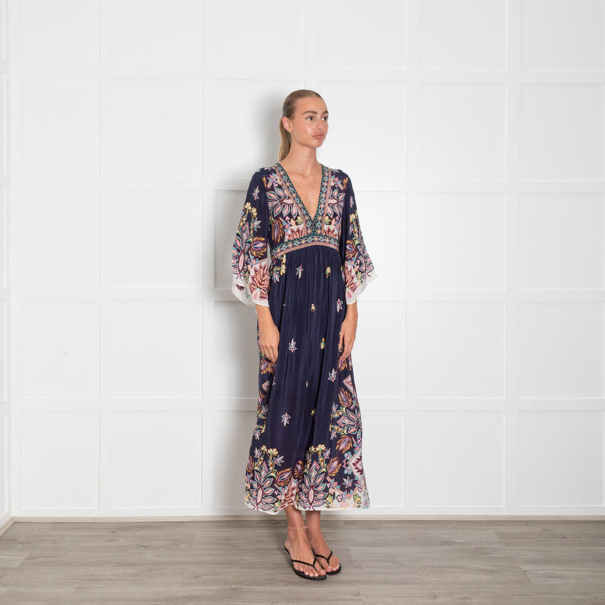 Ba&sh Navy Blue Pink Yellow Floral Sleeved Maxi Dress