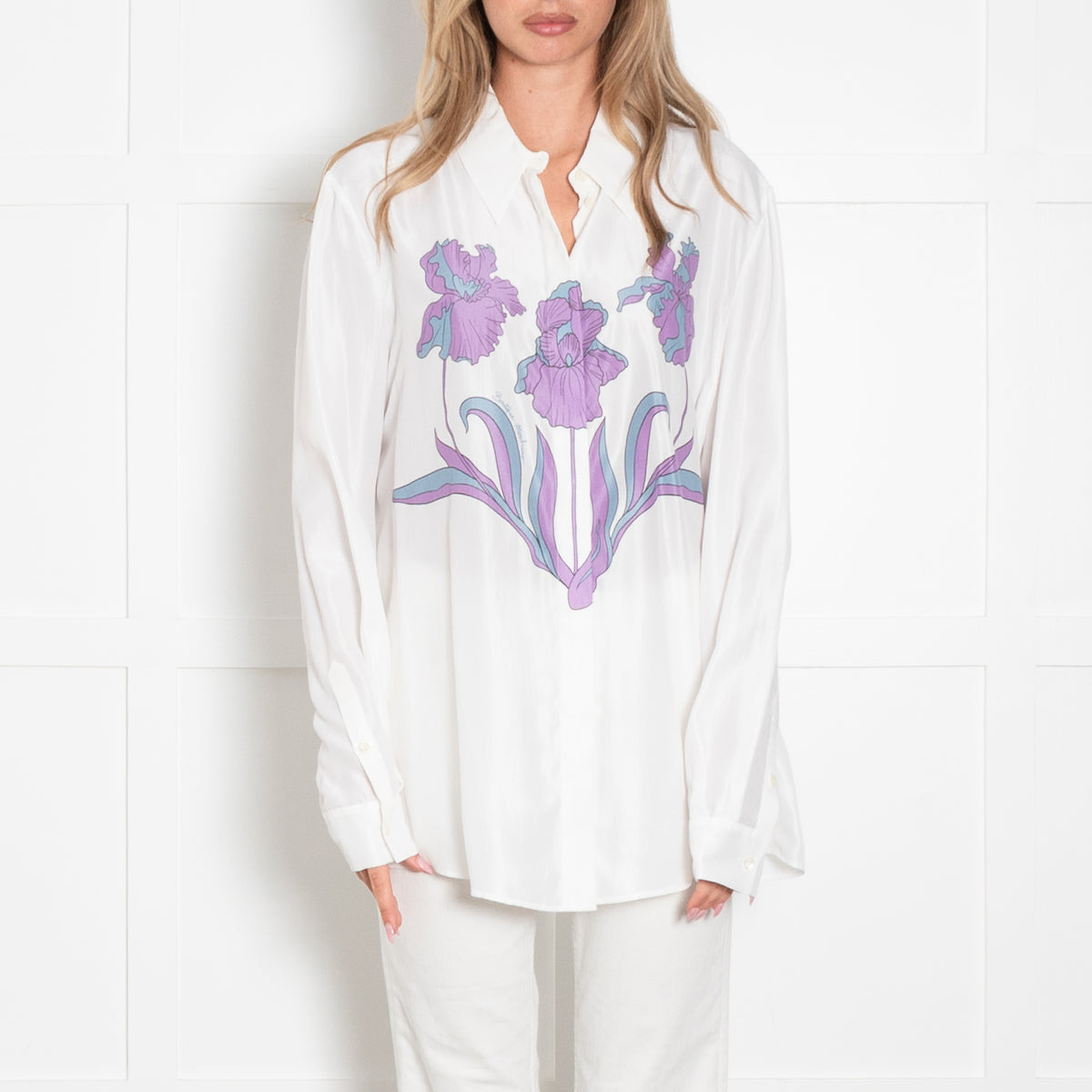 Boutique Moschino White Silk Blend Shirt with Purple Iris Flower