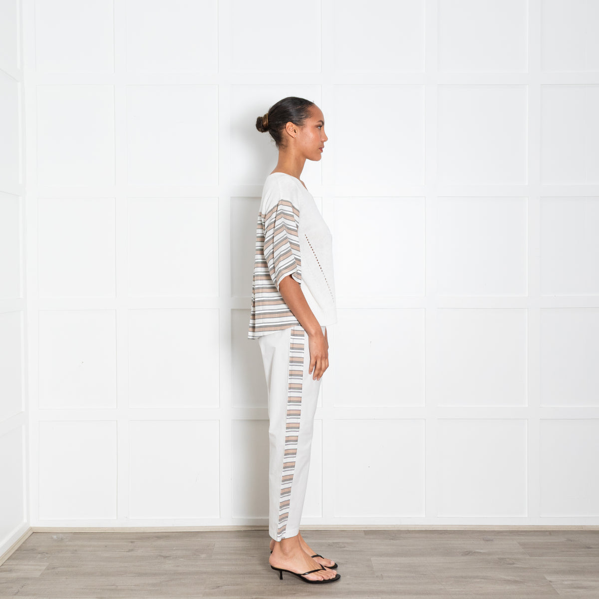 Le Tricot Perugia White Cotton Stripe Side Trousers