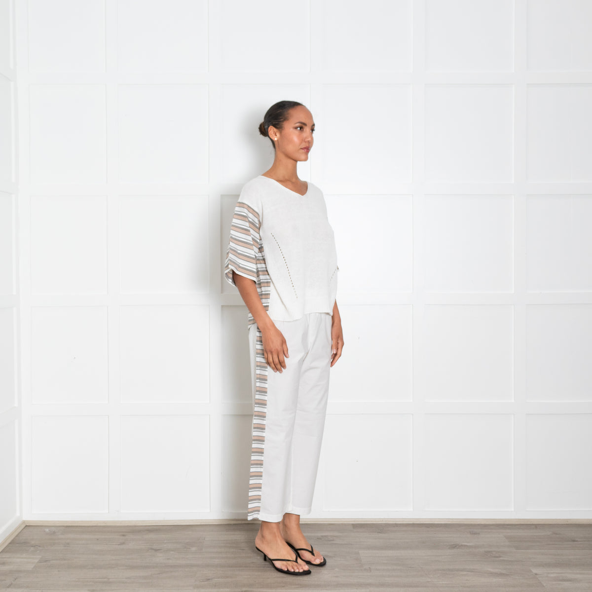 Le Tricot Perugia White Cotton Stripe Side Trousers