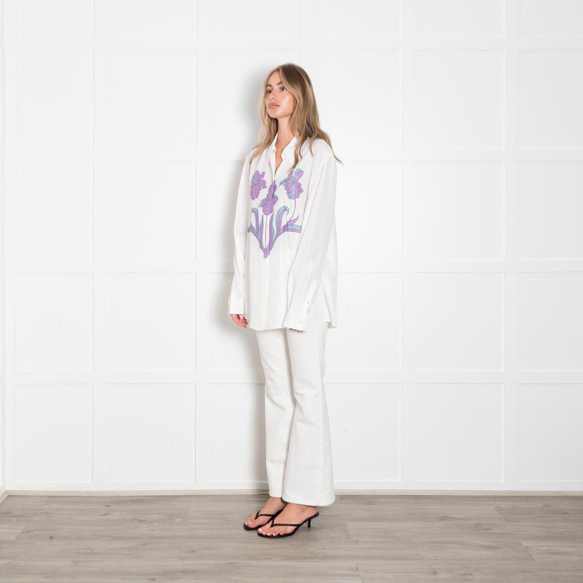 Boutique Moschino White Silk Blend Shirt with Purple Iris Flower