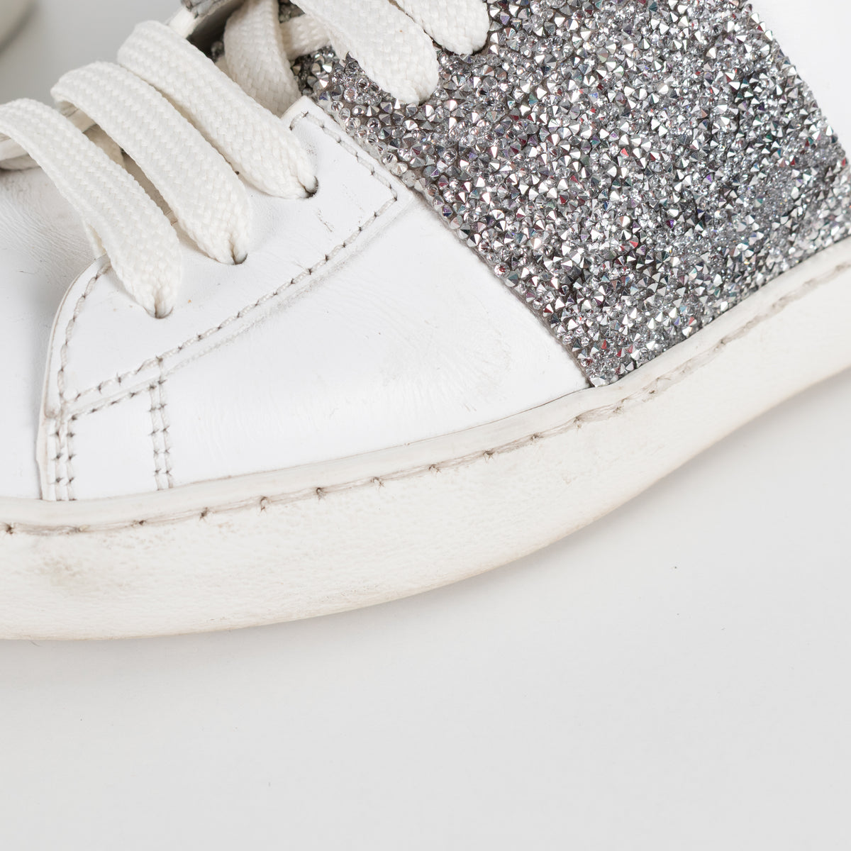 Valentino Garavani White Leather Silver Glitter Trainers