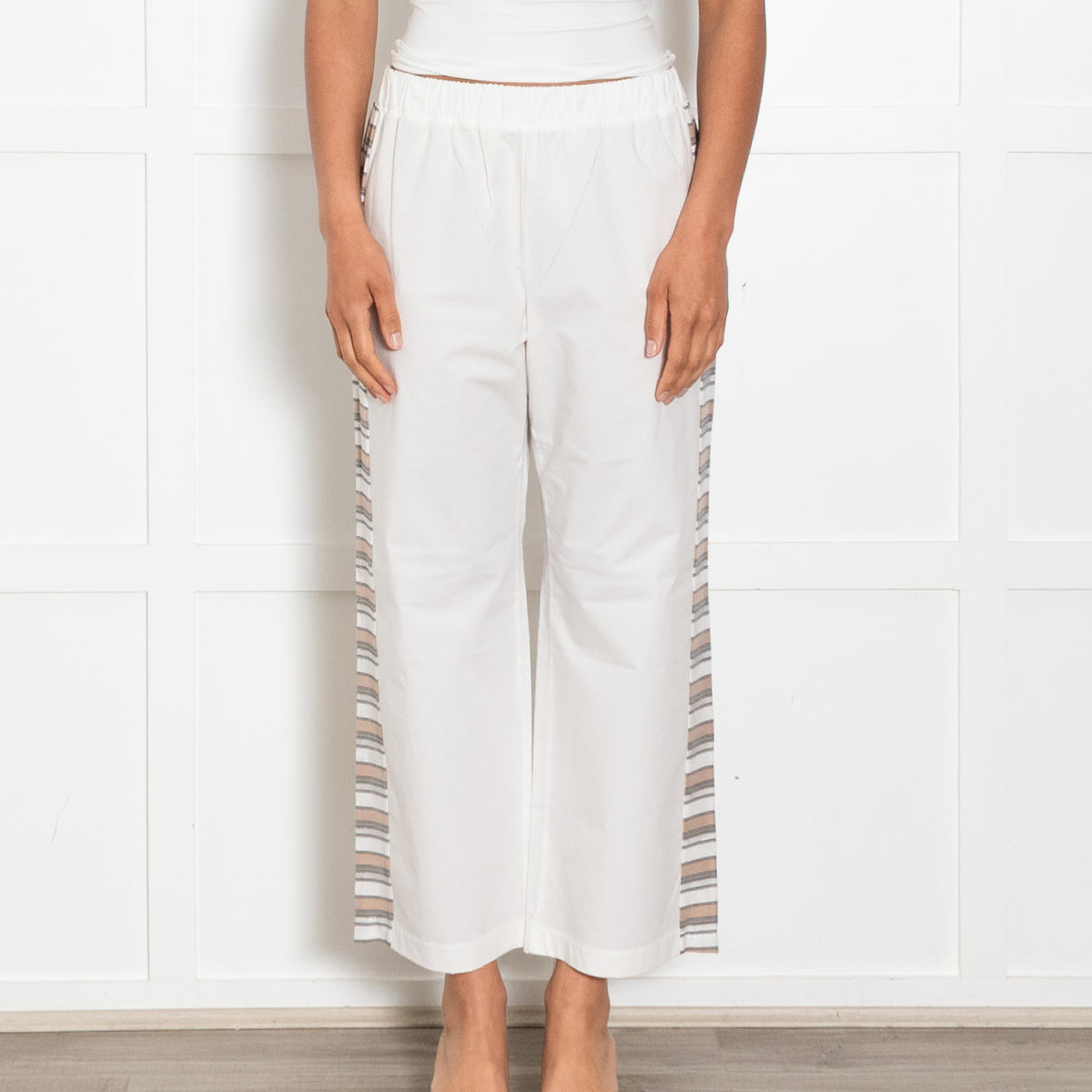 Le Tricot Perugia White Cotton Stripe Side Trousers