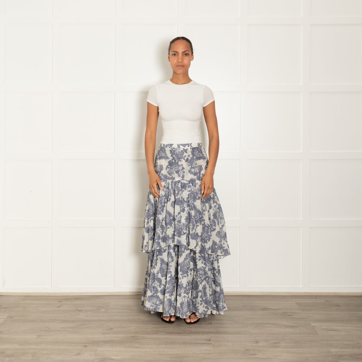 LoveShackFancy Cream Blue Fine Cotton Maxi Skirt
