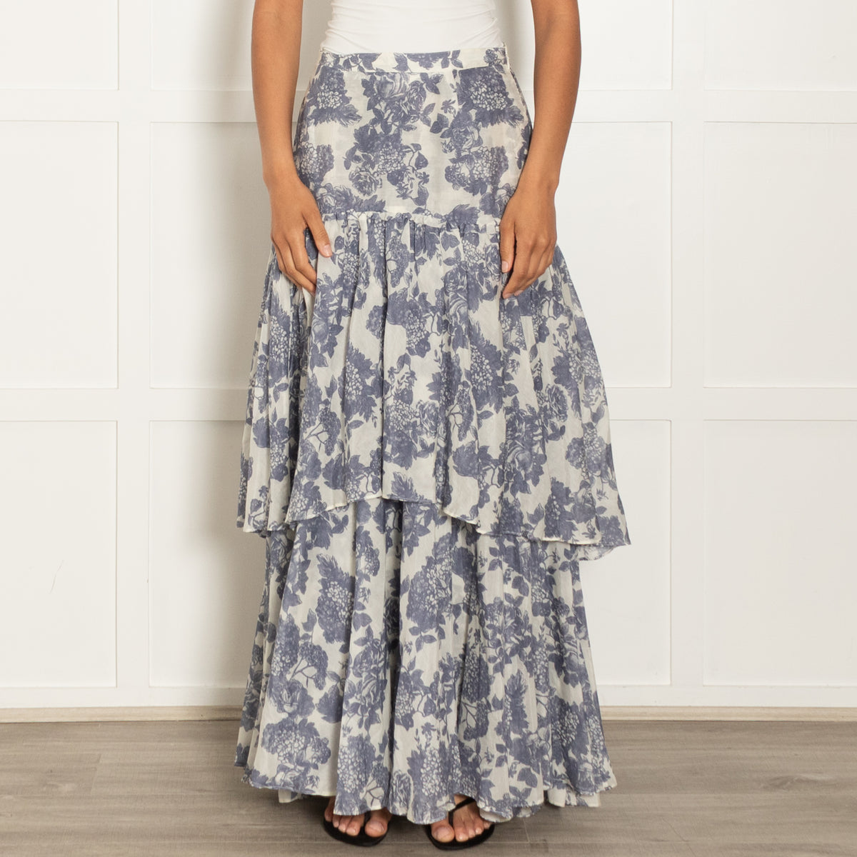 LoveShackFancy Cream Blue Fine Cotton Maxi Skirt
