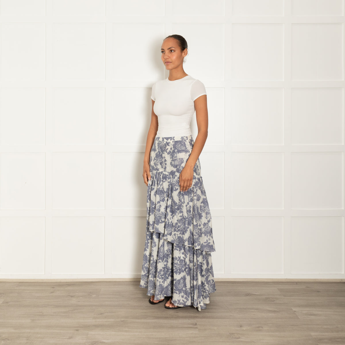 LoveShackFancy Cream Blue Fine Cotton Maxi Skirt