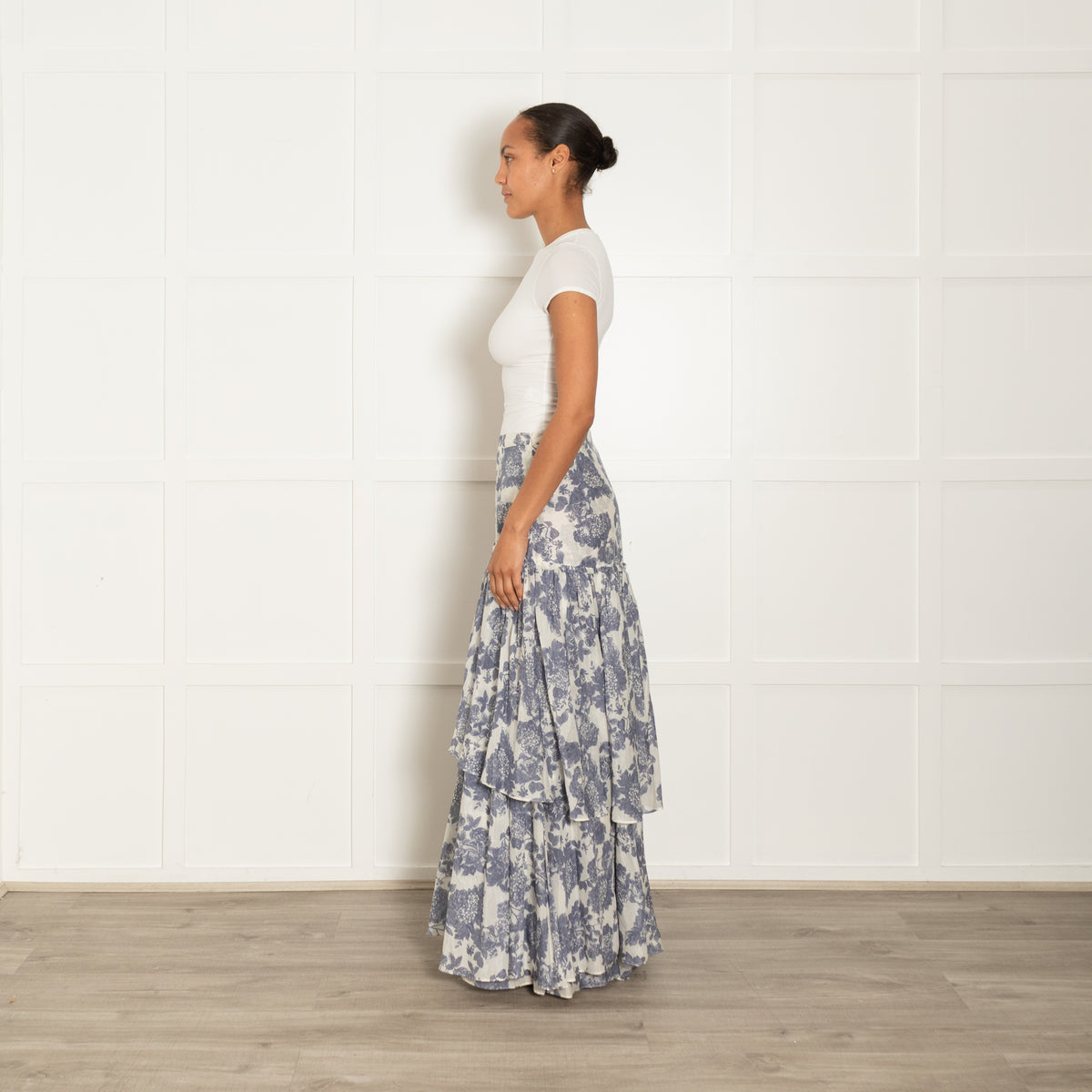 LoveShackFancy Cream Blue Fine Cotton Maxi Skirt