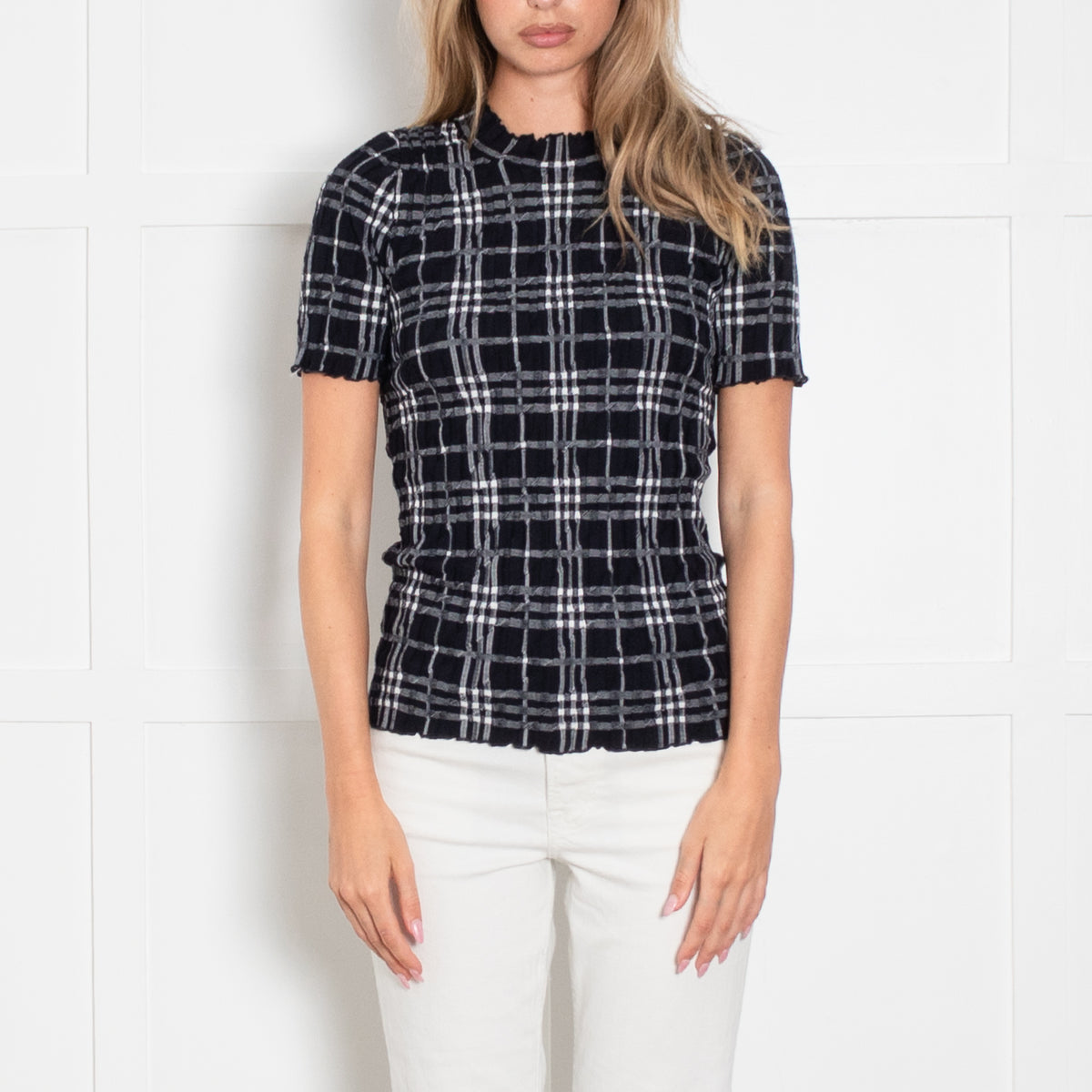 Burberry Black And White Short Sleeve Crinkle Top