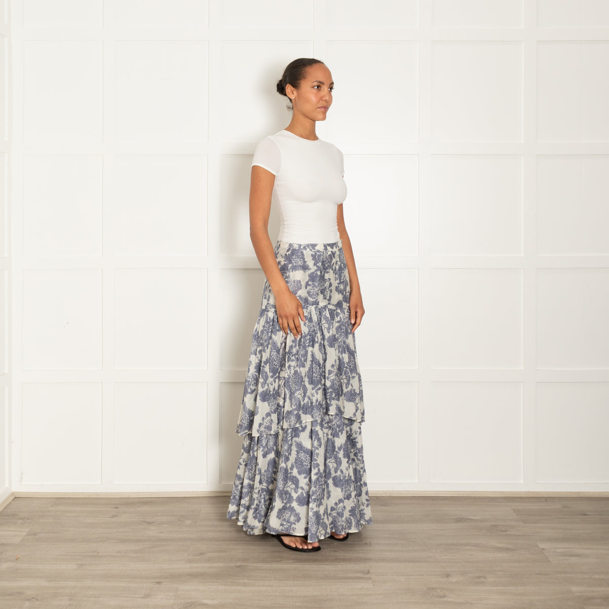 LoveShackFancy Cream Blue Fine Cotton Maxi Skirt