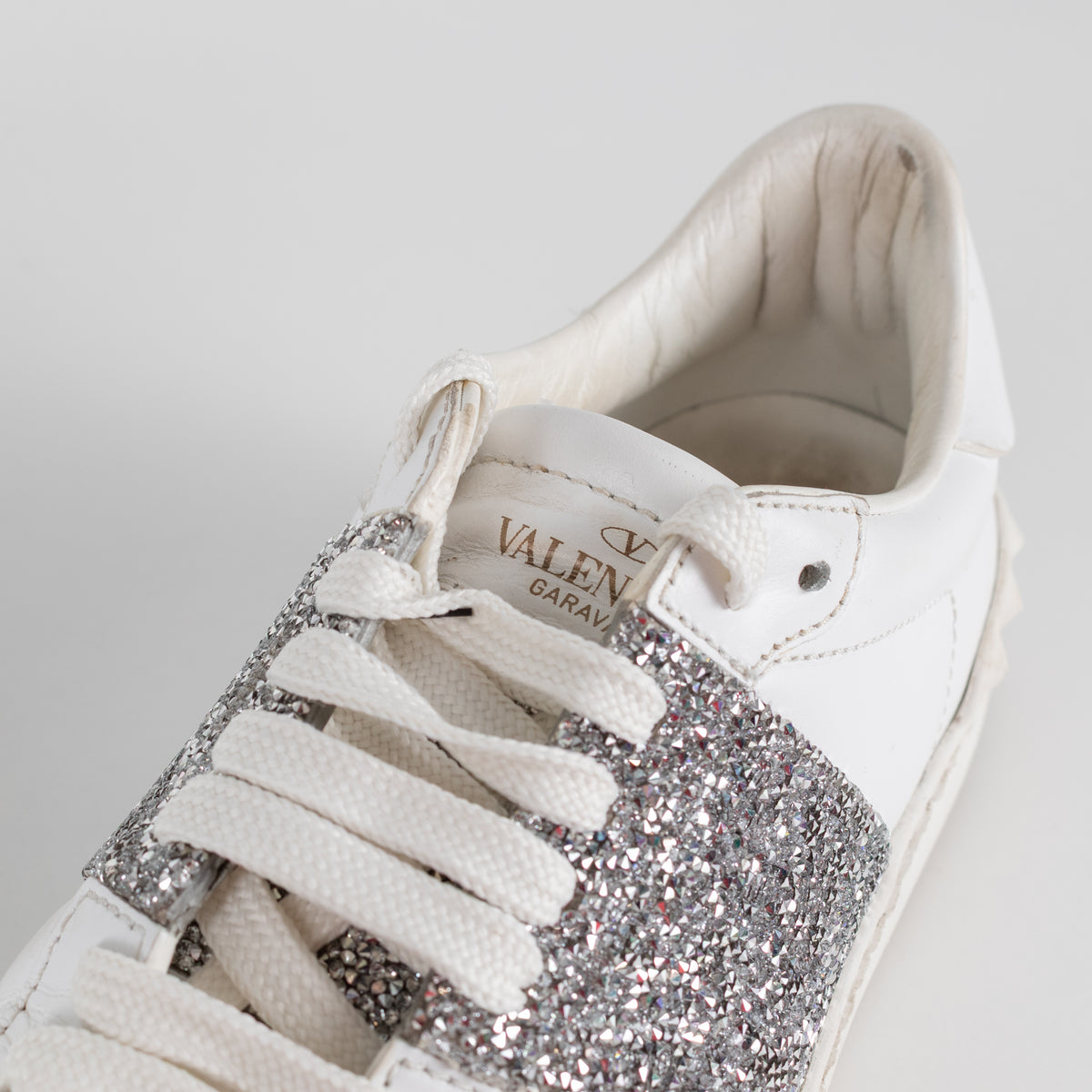 Valentino Garavani White Leather Silver Glitter Trainers