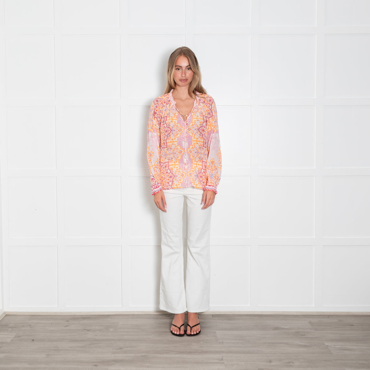 Hale Bob Orange And Pink Print Tie Neck Top