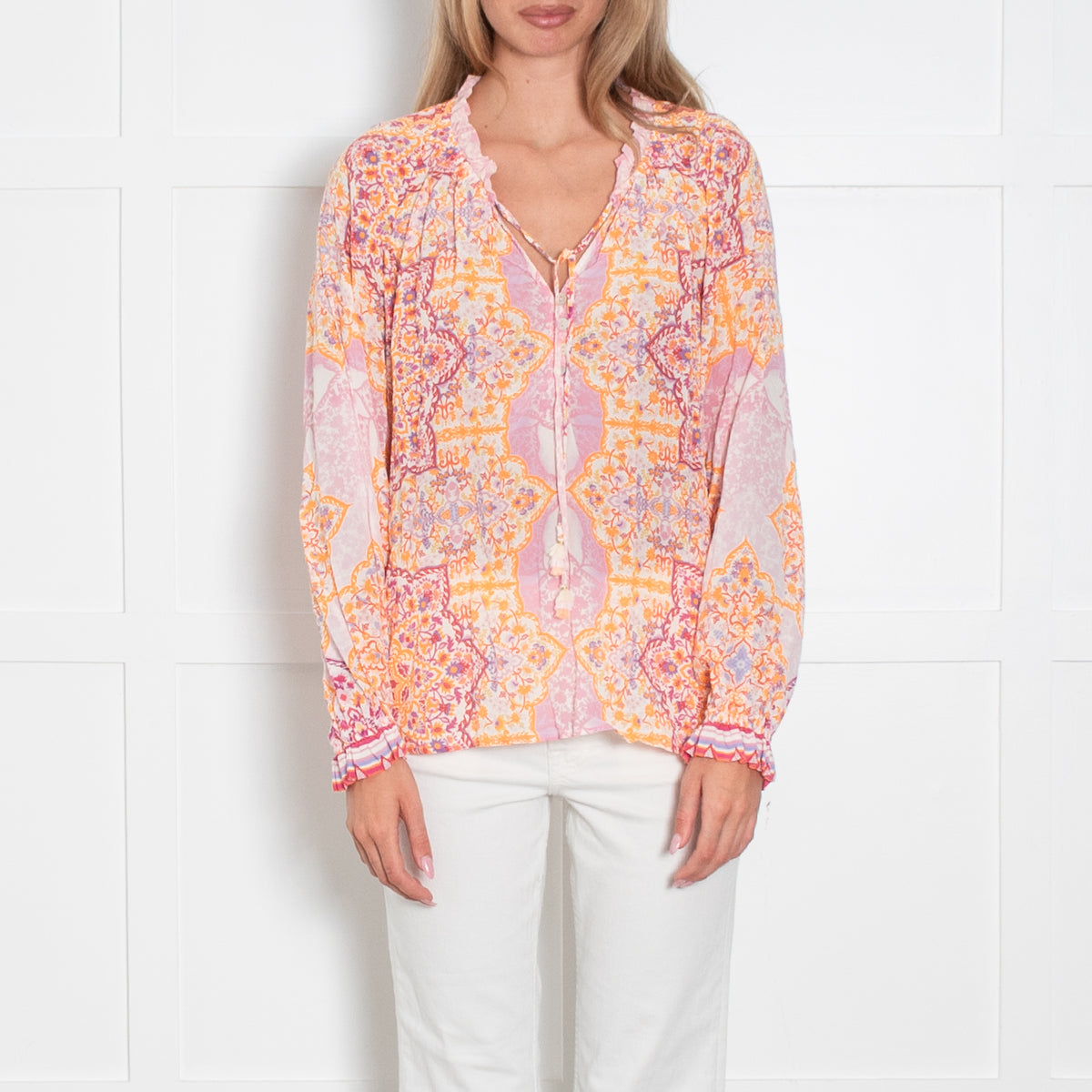 Hale Bob Orange And Pink Print Tie Neck Top
