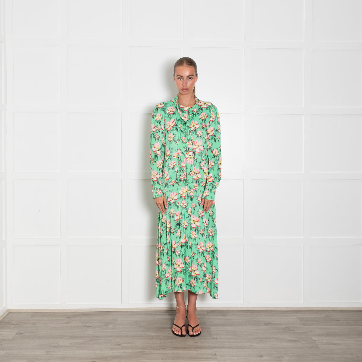Custommade Green Pink Yellow Black Floral Print Sleeved Maxi Dress