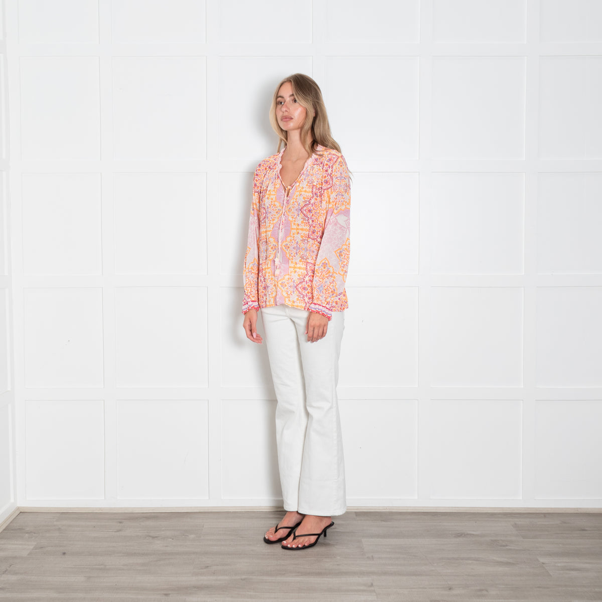 Hale Bob Orange And Pink Print Tie Neck Top
