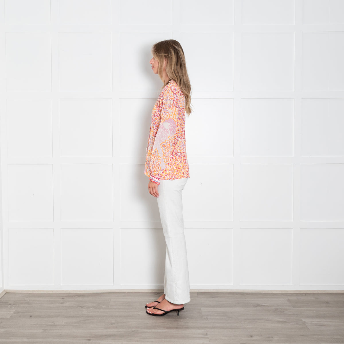 Hale Bob Orange And Pink Print Tie Neck Top