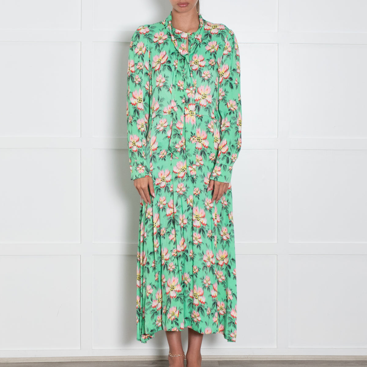Custommade Green Pink Yellow Black Floral Print Sleeved Maxi Dress