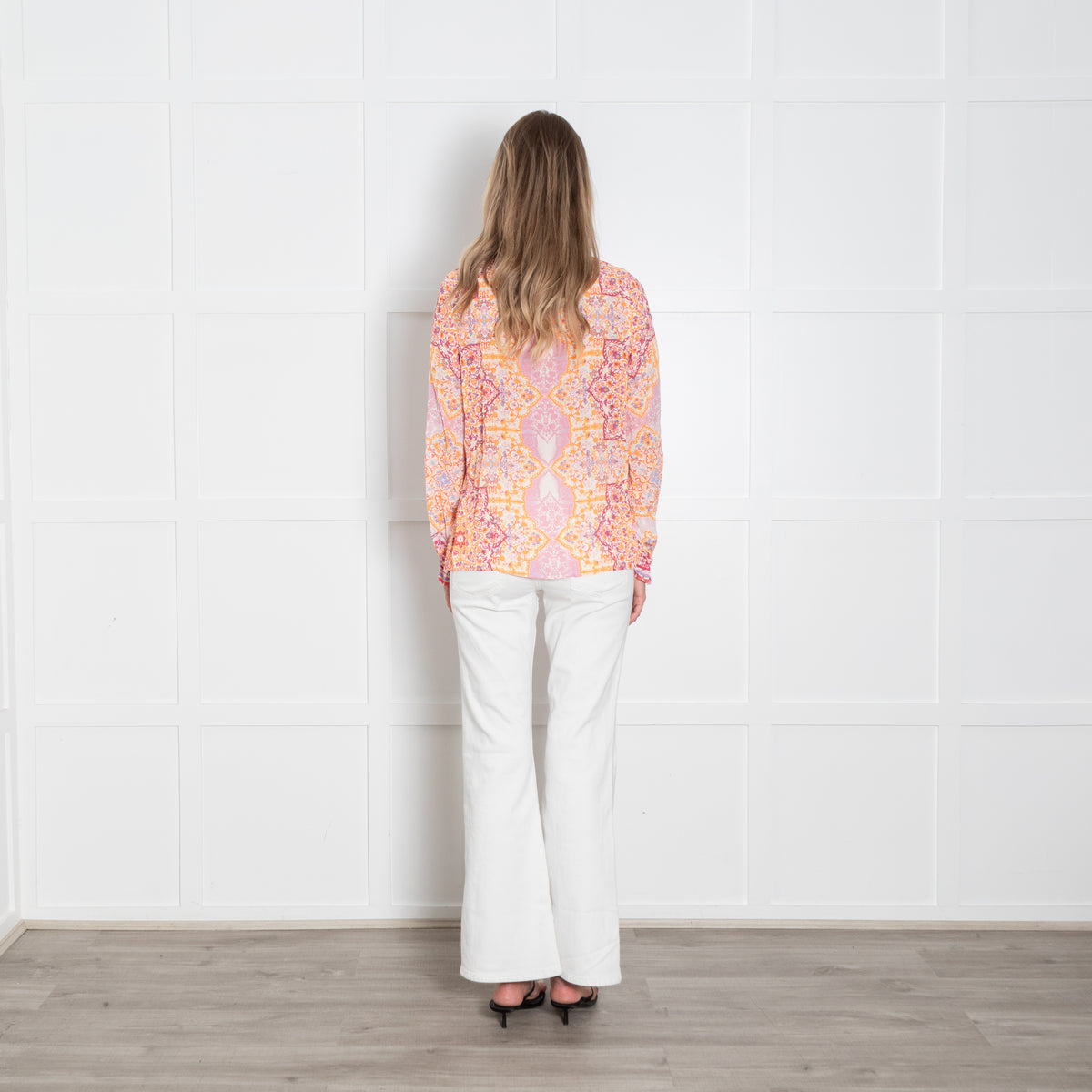 Hale Bob Orange And Pink Print Tie Neck Top