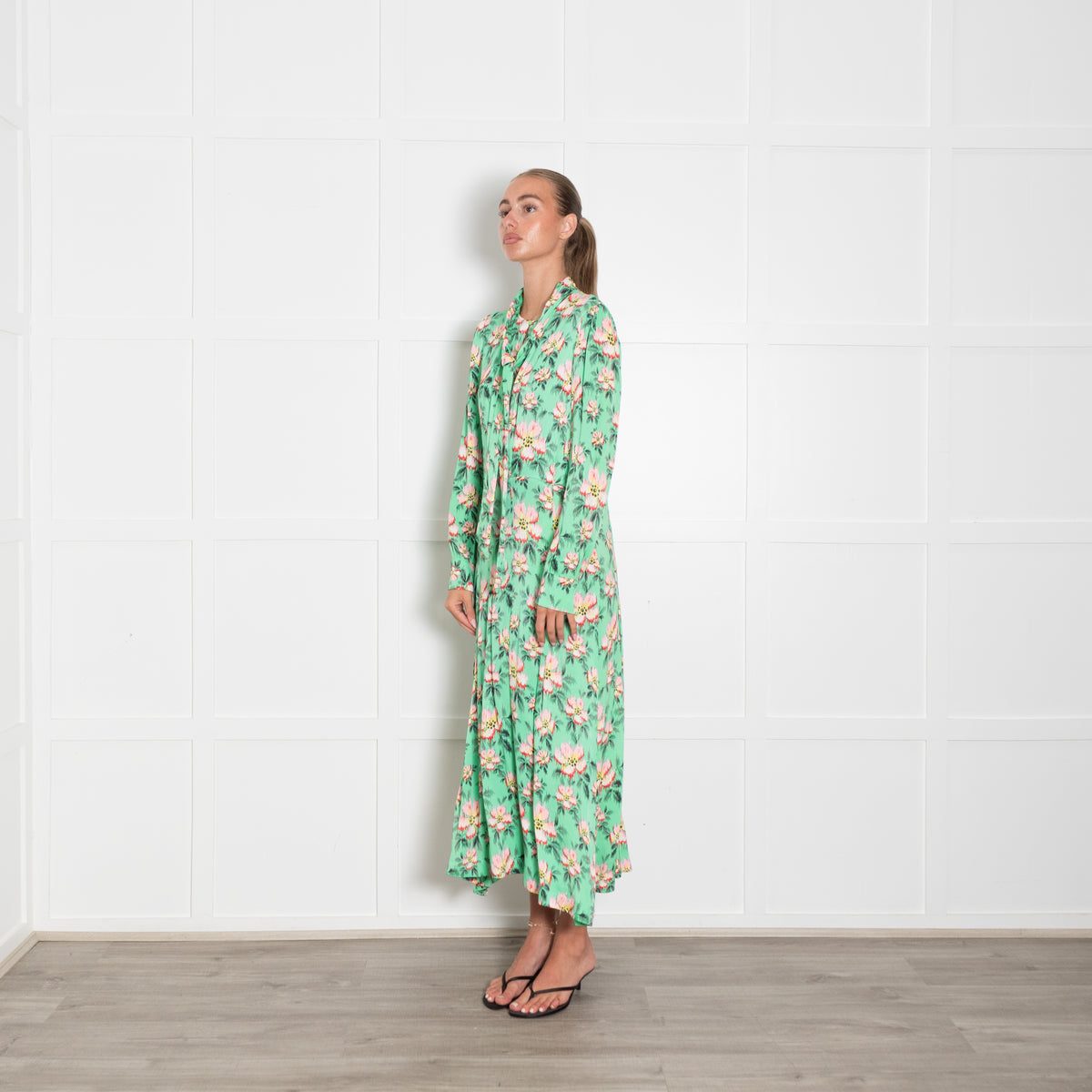 Custommade Green Pink Yellow Black Floral Print Sleeved Maxi Dress