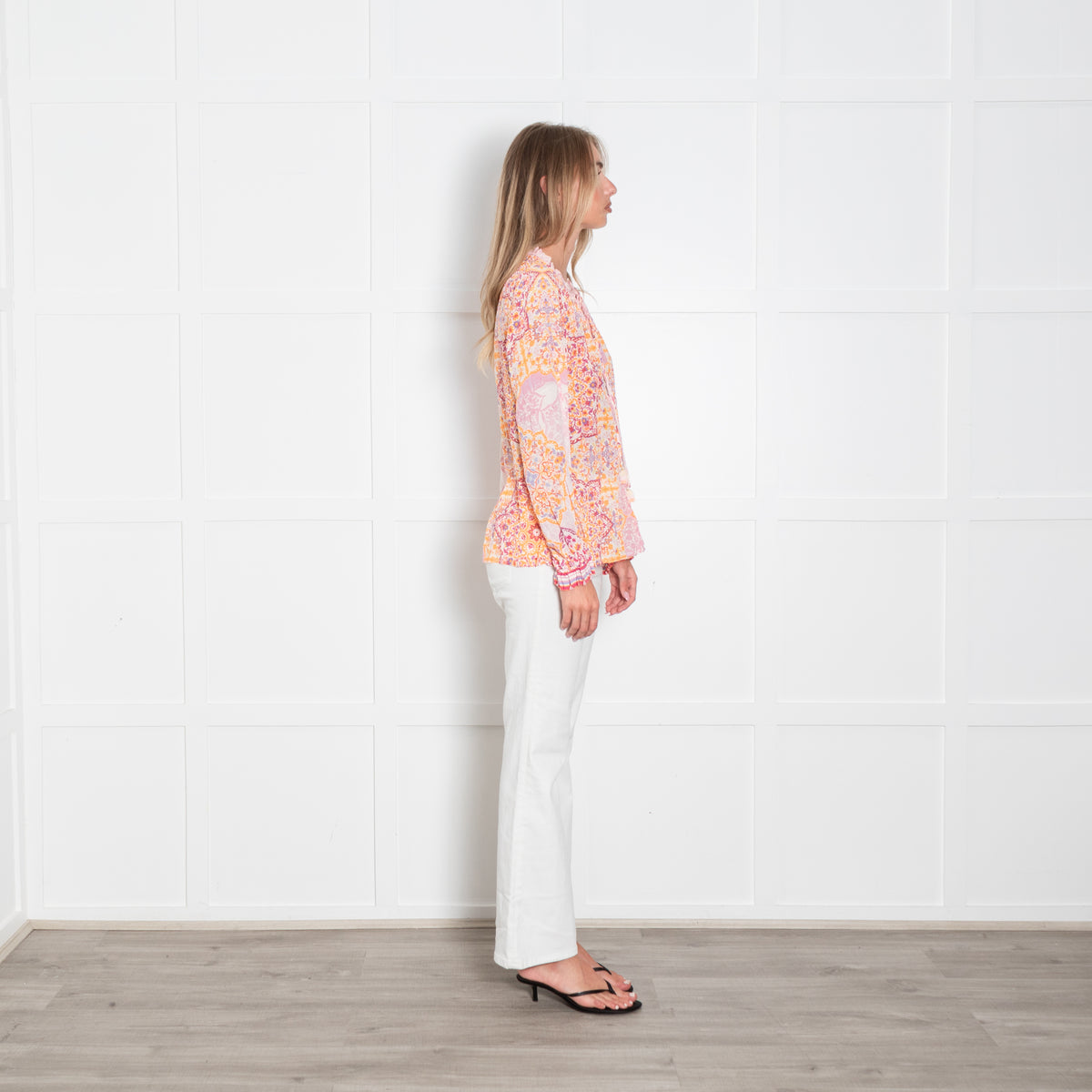 Hale Bob Orange And Pink Print Tie Neck Top