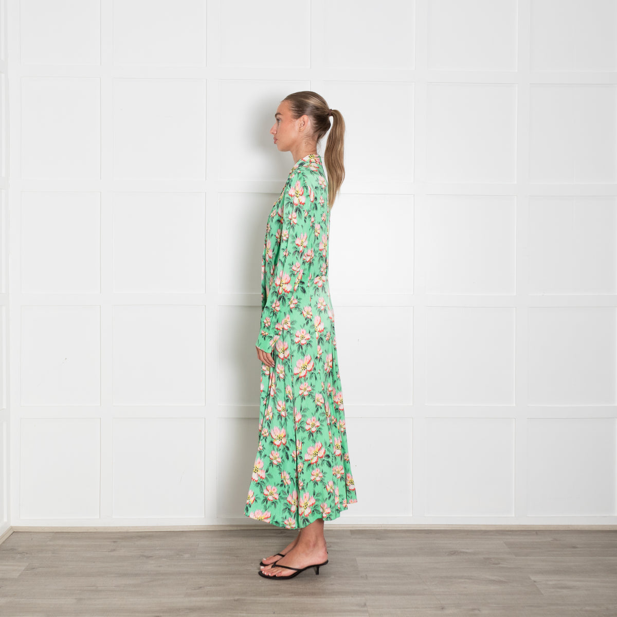 Custommade Green Pink Yellow Black Floral Print Sleeved Maxi Dress