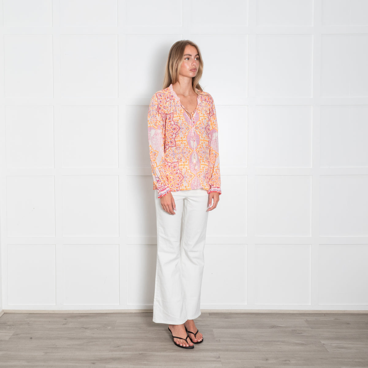 Hale Bob Orange And Pink Print Tie Neck Top