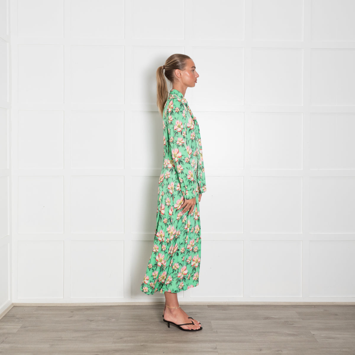 Custommade Green Pink Yellow Black Floral Print Sleeved Maxi Dress