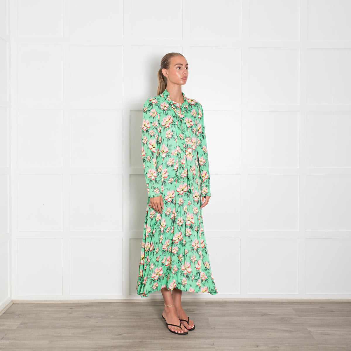 Custommade Green Pink Yellow Black Floral Print Sleeved Maxi Dress