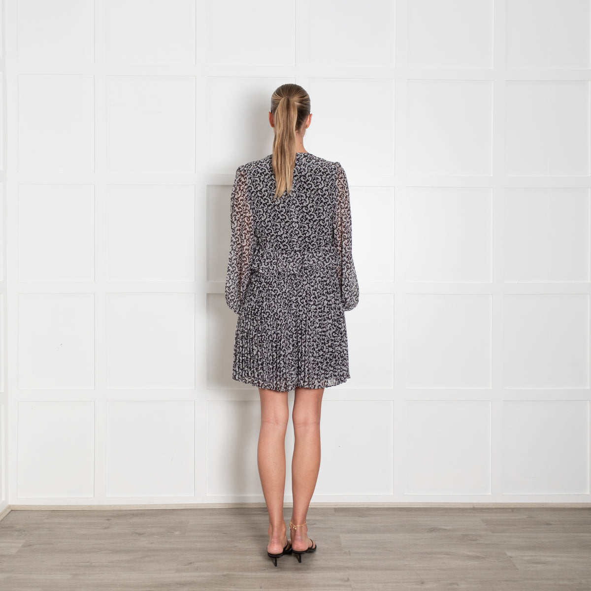 The Kooples Black Grey Print V Neck Pleated Sleeved Dress