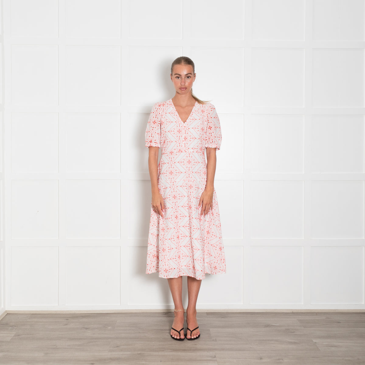 Emme Marella White Orange Broidery Short Sleeved Dress