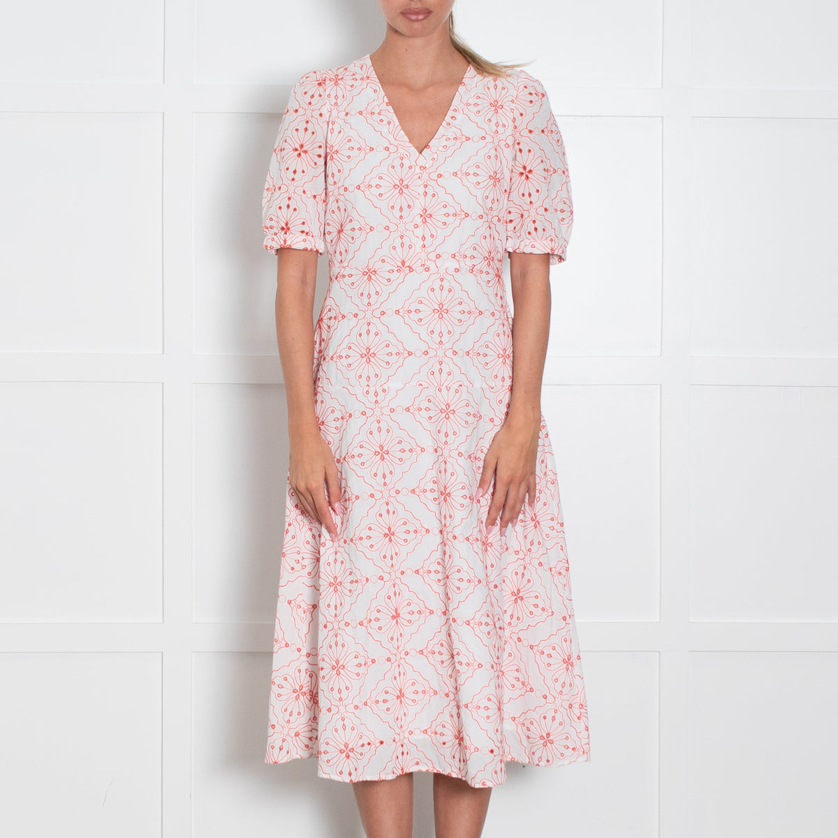 Emme Marella White Orange Broidery Short Sleeved Dress
