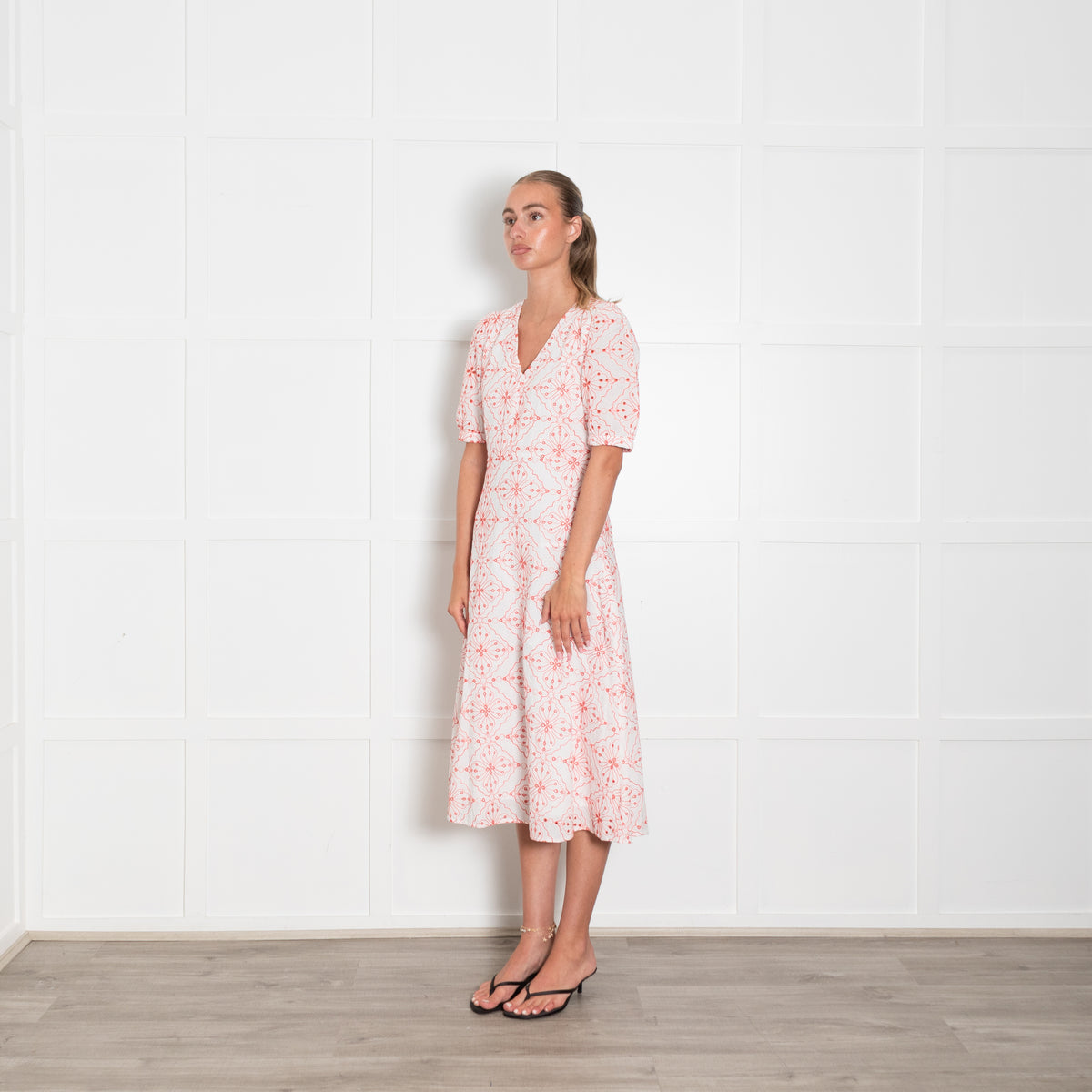 Emme Marella White Orange Broidery Short Sleeved Dress