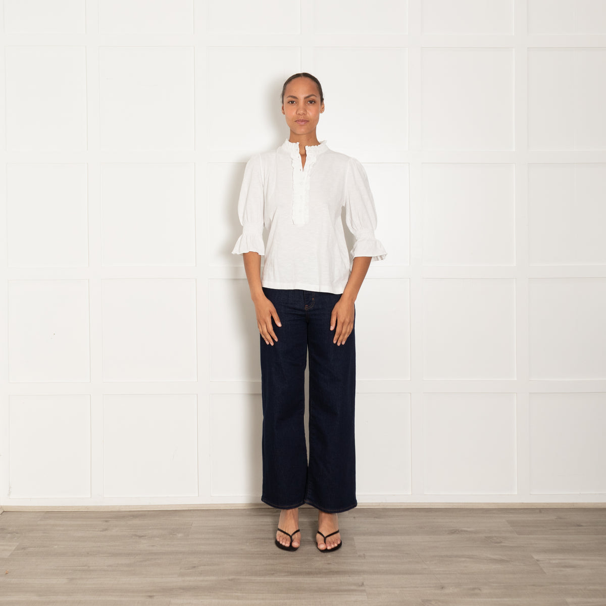 Wyse White Cotton Frill Detail 3/4 Sleeve Top