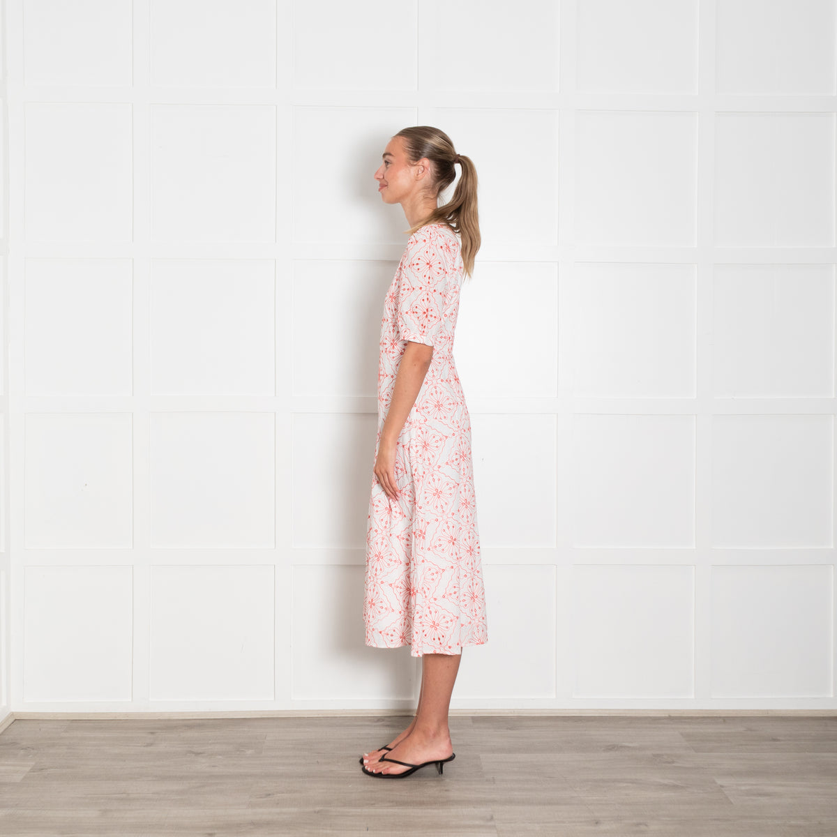 Emme Marella White Orange Broidery Short Sleeved Dress