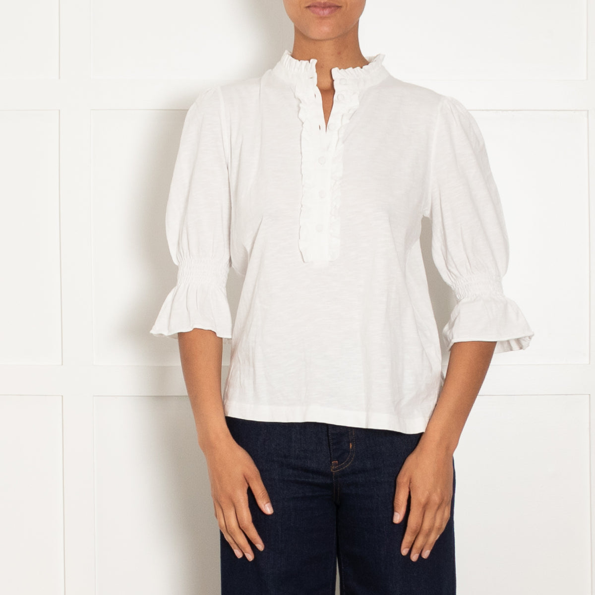 Wyse White Cotton Frill Detail 3/4 Sleeve Top
