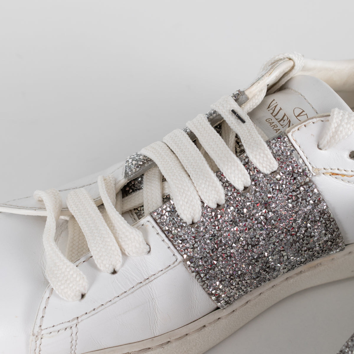 Valentino Garavani White Leather Silver Glitter Trainers