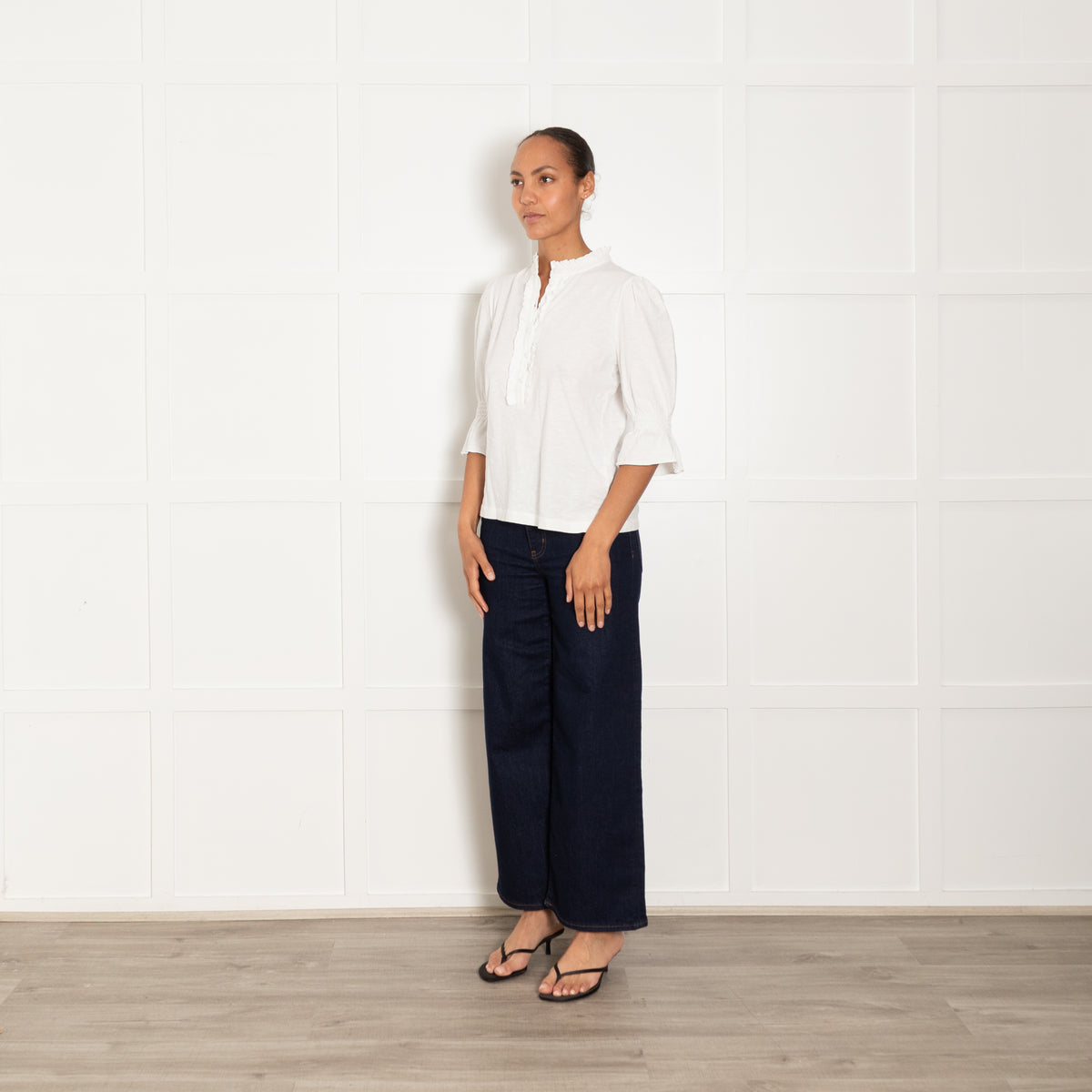 Wyse White Cotton Frill Detail 3/4 Sleeve Top