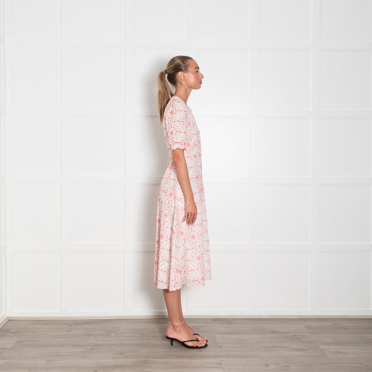 Emme Marella White Orange Broidery Short Sleeved Dress